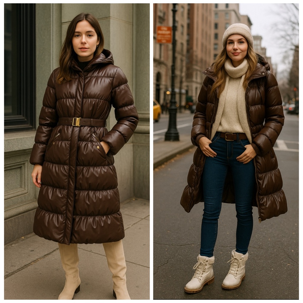 H&M Long Line Chocolate Brown Belted Puffer Coat Size 10 | Quilted Winter Jacket
